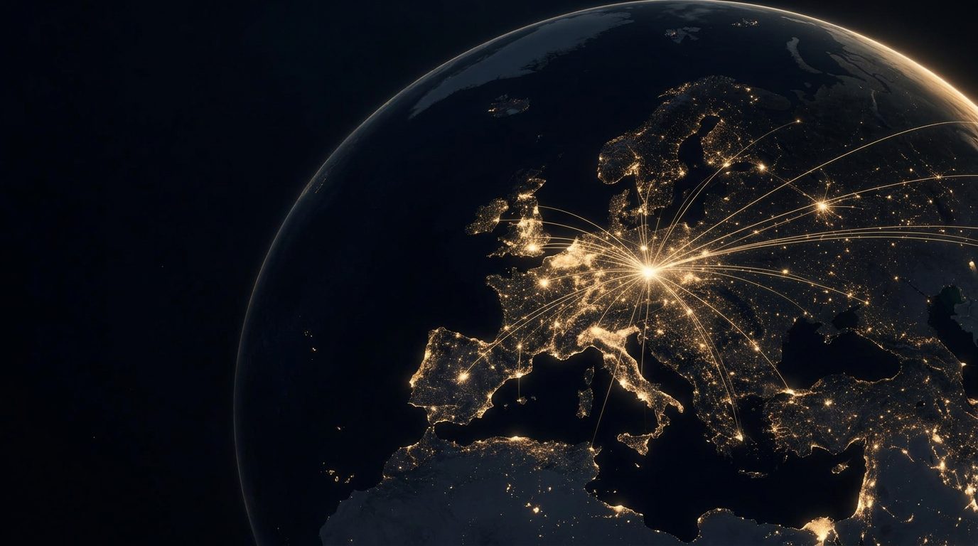 Night globe with gold network lines connecting Central Europe to Europe and Asia